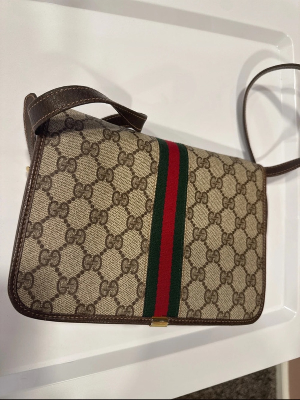 Gucci Beige GG Canvas Crossbody with Brown Leather & Green-Red Web - Picture 4 of 12